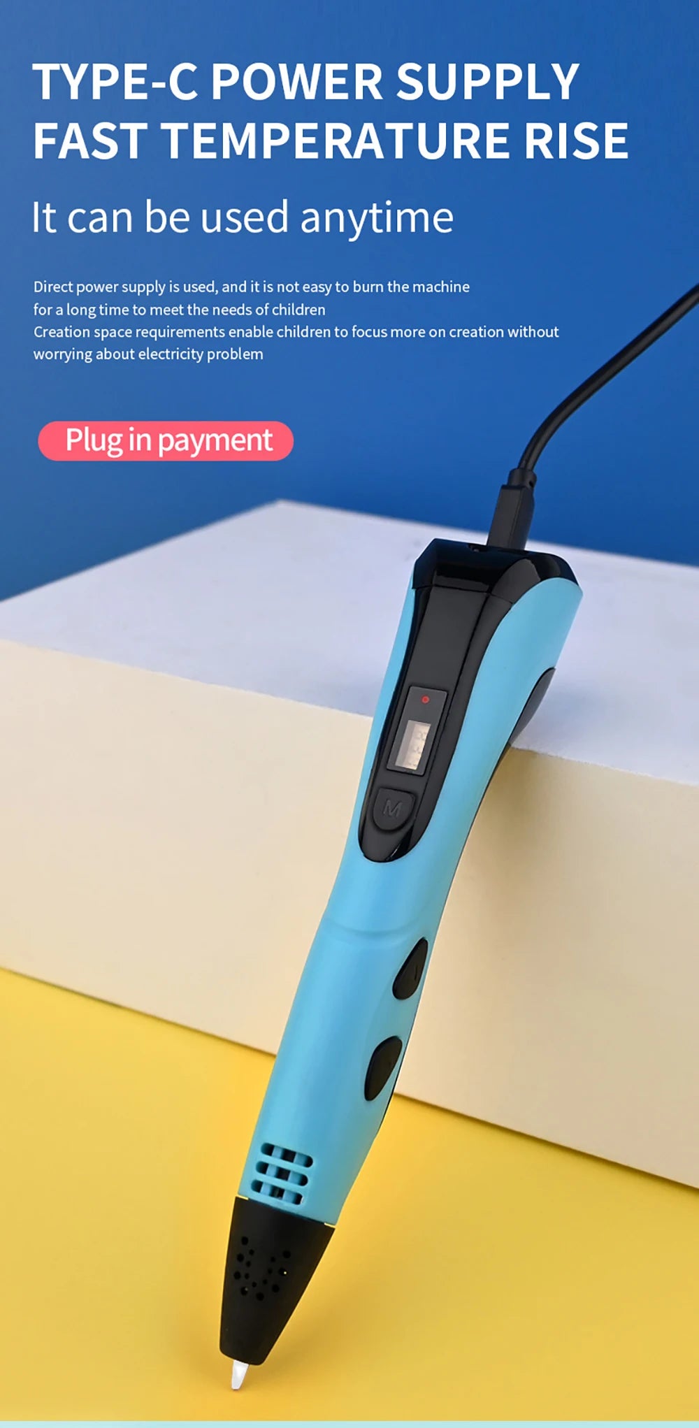 Kids 3D Pen with LCD Screen – 200M PLA Filament, Power Adapter & Travel Case