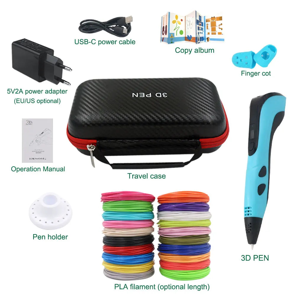 Kids 3D Pen with LCD Screen – 200M PLA Filament, Power Adapter & Travel Case