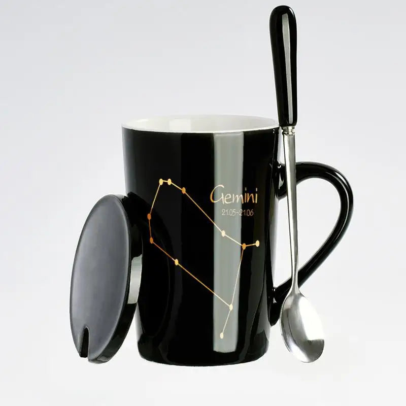Black & Gold Zodiac Mug Set with Lid & Spoon – 12 Astrology Signs Luxury Coffee Cup Gift