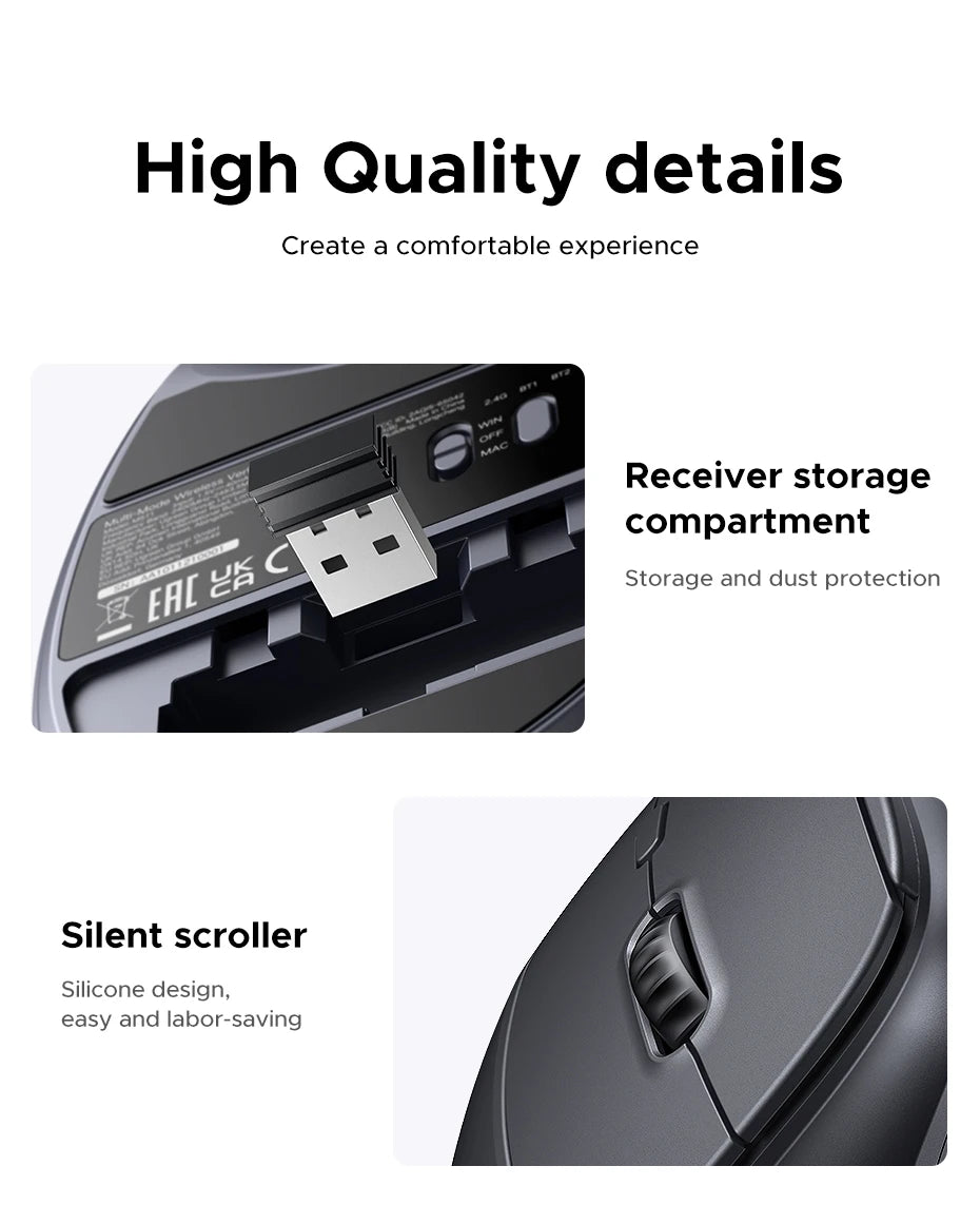 UGREEN Bluetooth 2.4G Vertical Wireless Mouse  Ergonomic 4000DPI 6 Mute Buttons for MacBook Tablet Laptops