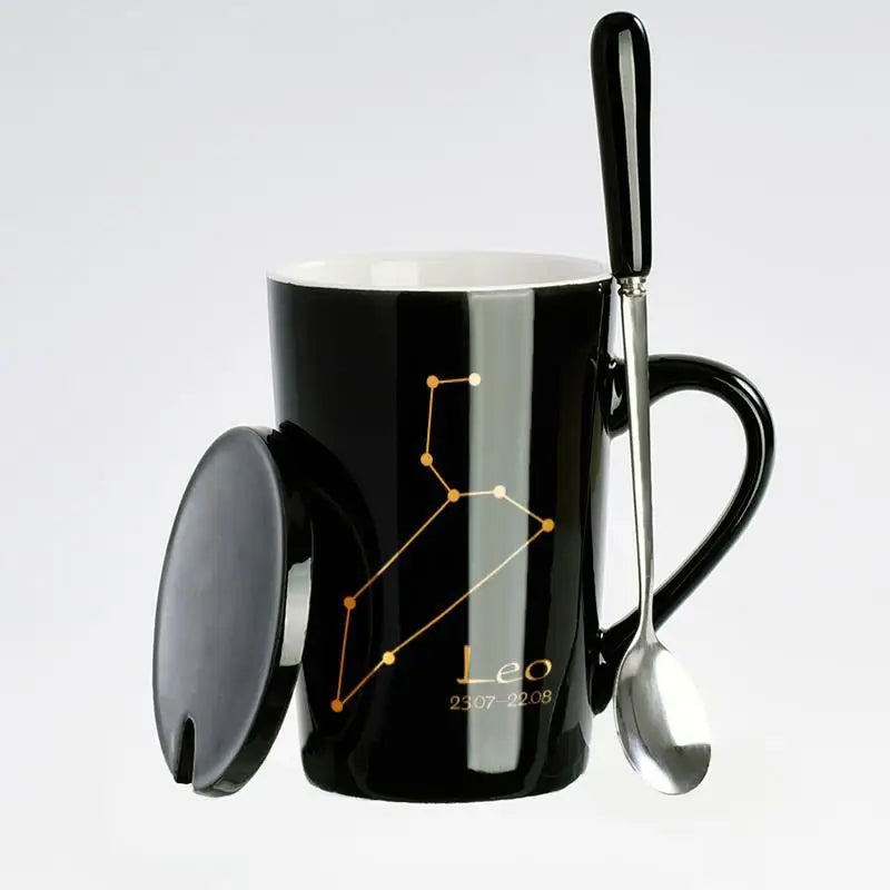 Black & Gold Zodiac Mug Set with Lid & Spoon – 12 Astrology Signs Luxury Coffee Cup Gift