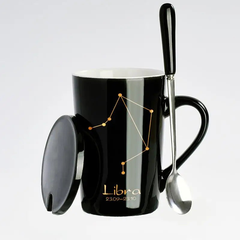 Black & Gold Zodiac Mug Set with Lid & Spoon – 12 Astrology Signs Luxury Coffee Cup Gift