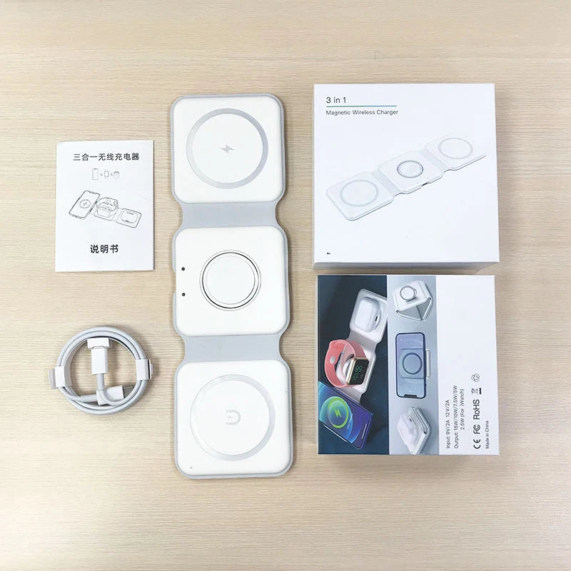 MagFold 3-in-1 Magnetic Wireless Charger – Qi2 30W Foldable Dock for iPhone, Watch & AirPods