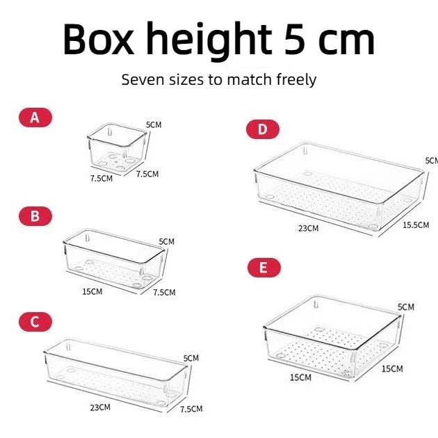 Versatile Drawer Organizer Set - Clear Plastic Trays and Dividers in 5 Sizes for Perfect Makeup and Kitchen Storage