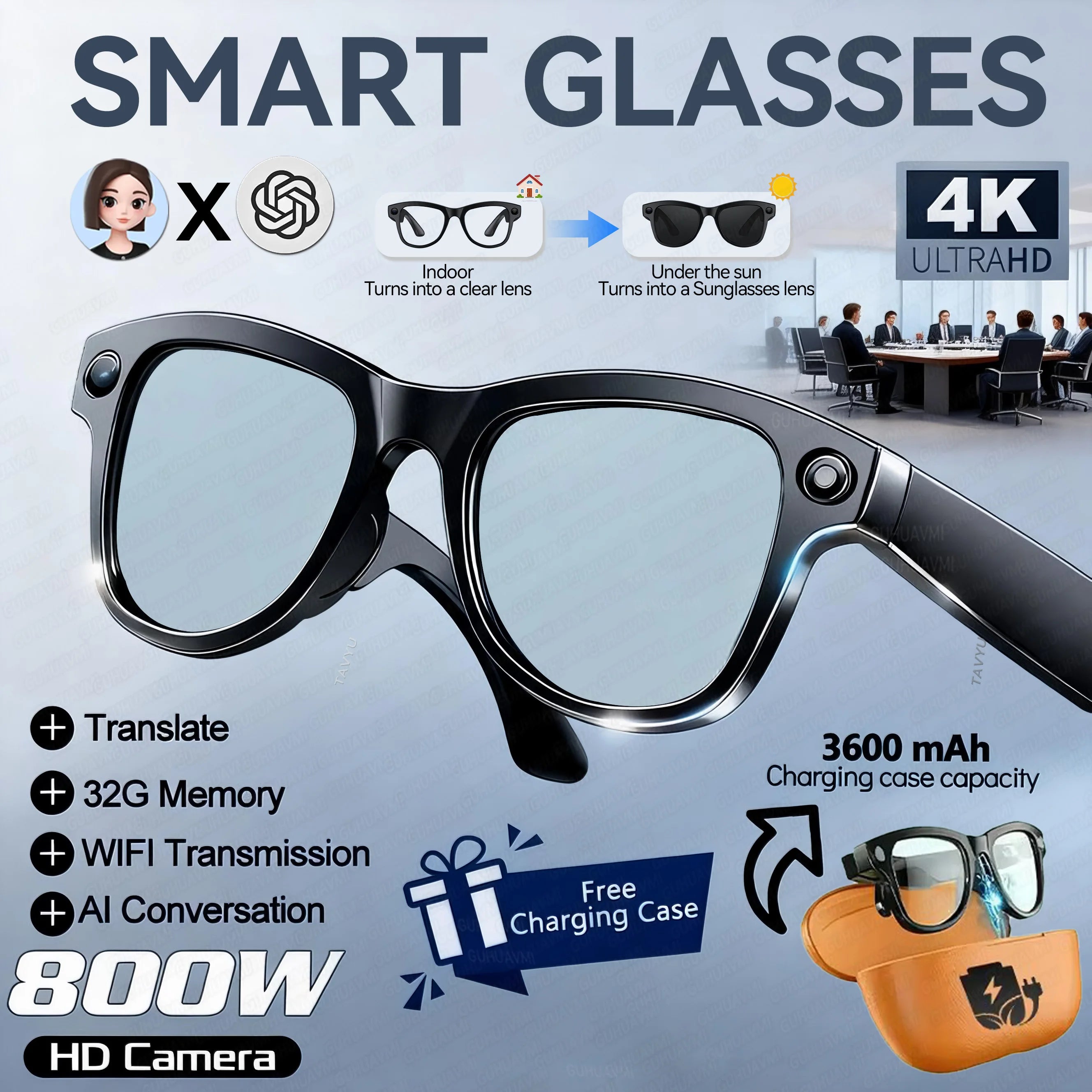 VisionAI 4K Smart Glasses – 32GB, 800W Camera, AI Translation & Power Bank
