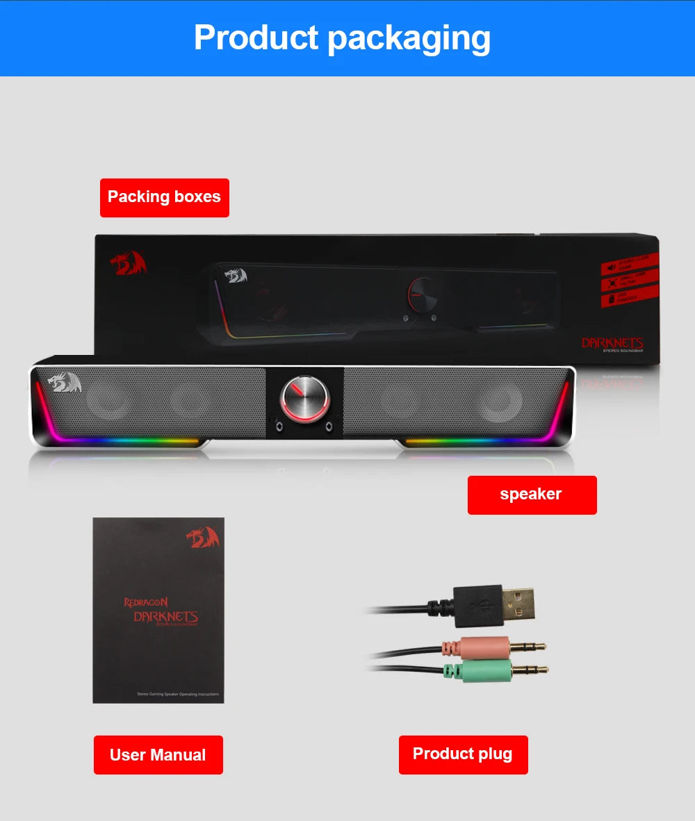 Redragon GS570 Darknets RGB Bluetooth Sound Bar – 2.0 Stereo PC Speakers with 3.5mm AUX, USB Powered, Dynamic RGB Lighting, Compact Desktop Soundbar for Gaming, Movies & Music