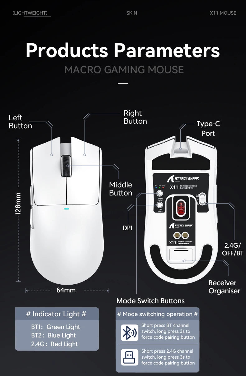 Attack Shark X11&R1 Wireless Gaming Mouse - Tri-Mode , PAW3311 Sensor,22K DPI, 400 IPS, RGB PC Gaming Mouse