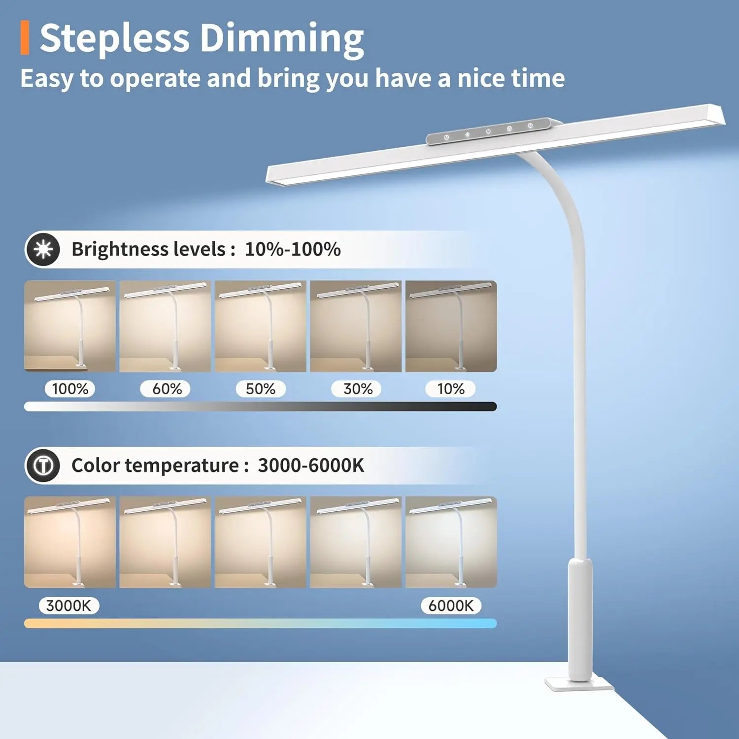 ClampLight Pro LED Desk Lamp – 3-Color Stepless Dimming, Memory Function & Clamp Mount