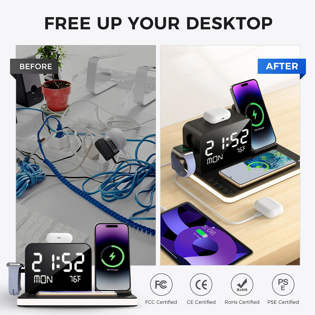 7-in-1 Wireless Charging Stand – Night Light, Clock & Temperature Display for iPhone, Headphones & Watches