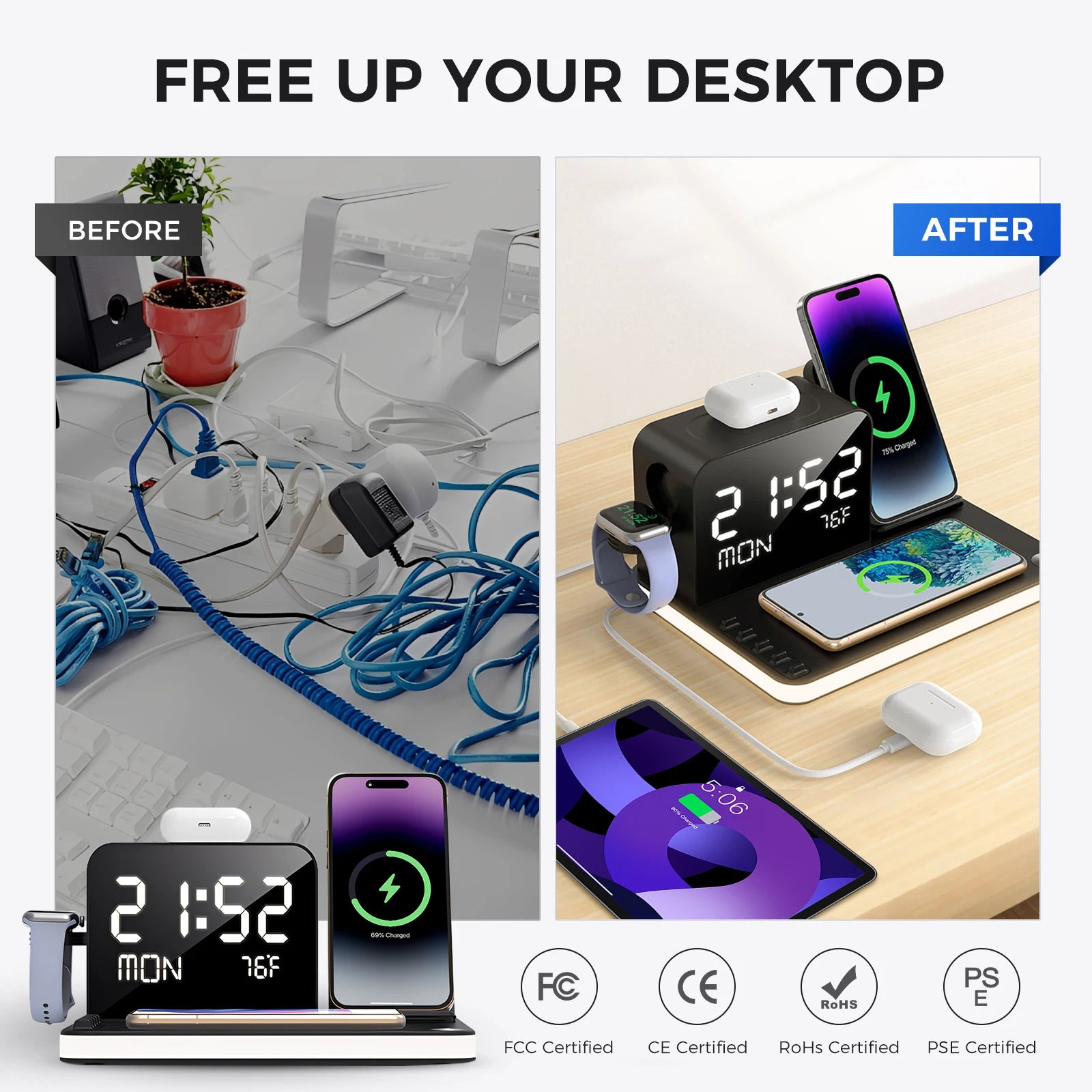 7-in-1 Wireless Charging Stand – Night Light, Clock & Temperature Display for iPhone, Headphones & Watches