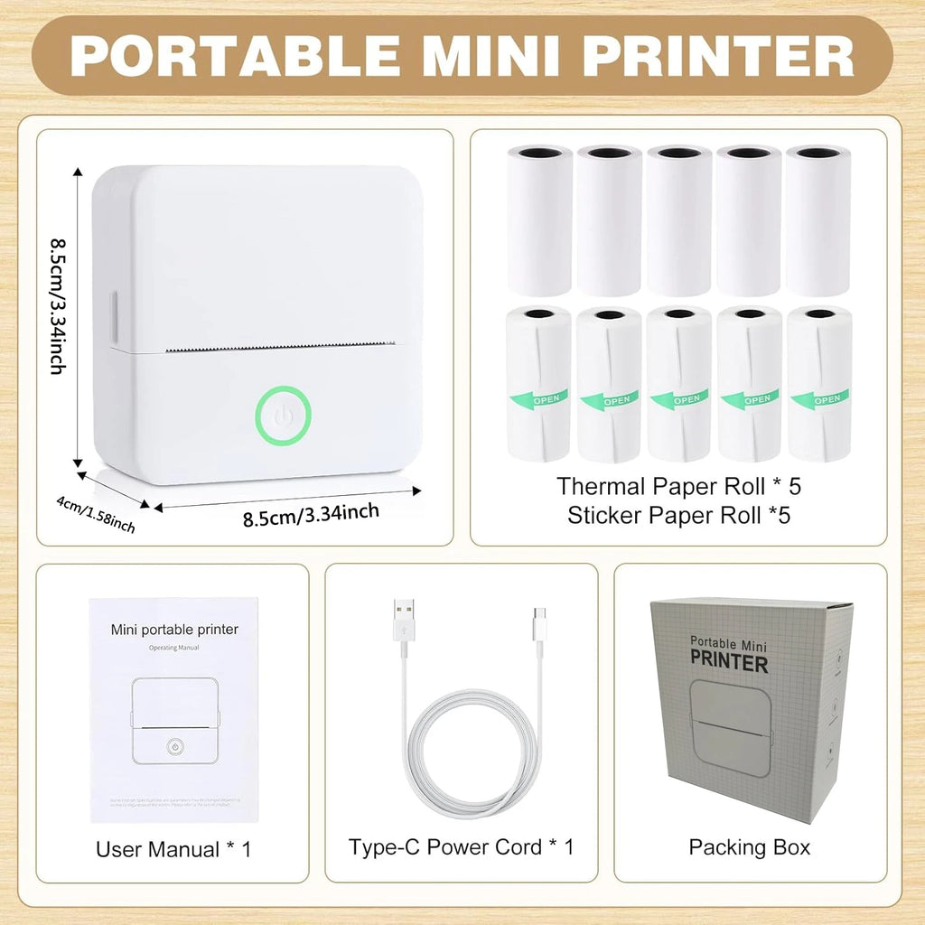 SnapRoll Mini Bluetooth Photo Printer Set – Wireless Pocket Printer with 5 Sticker Rolls & Thermal Paper Bundle