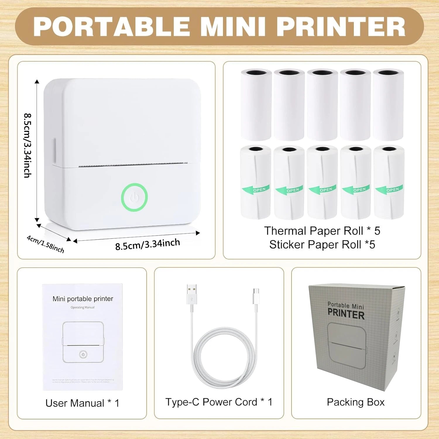 SnapRoll Mini Bluetooth Photo Printer Set – Wireless Pocket Printer with 5 Sticker Rolls & Thermal Paper Bundle