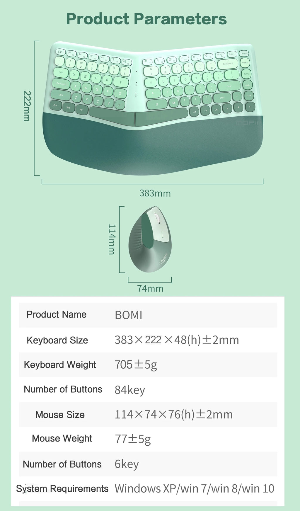 MOFII Ergonomic 2.4G Wireless Keyboard & Mouse Combo – Split Design with Wrist Rest