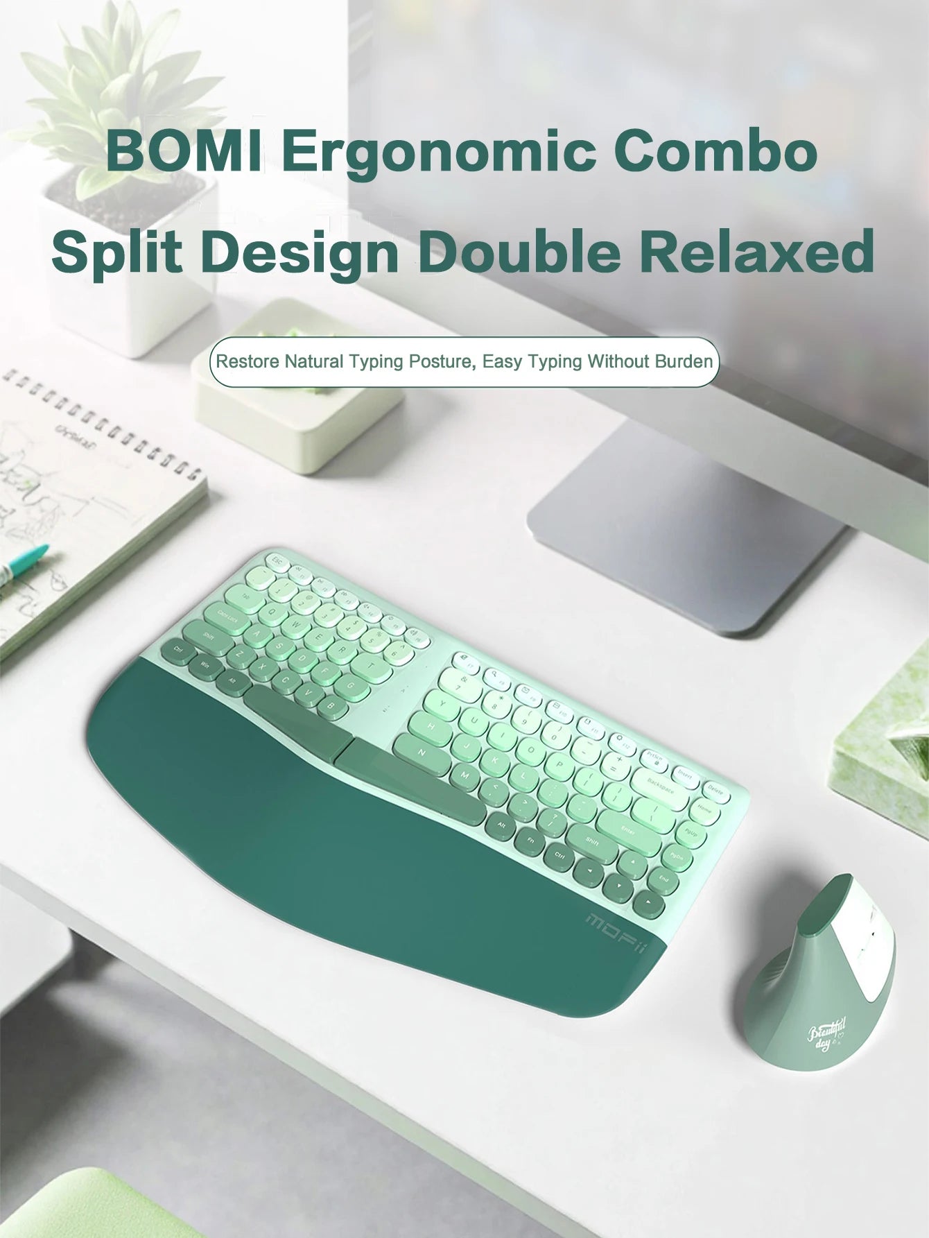 MOFII Ergonomic 2.4G Wireless Keyboard & Mouse Combo – Split Design with Wrist Rest