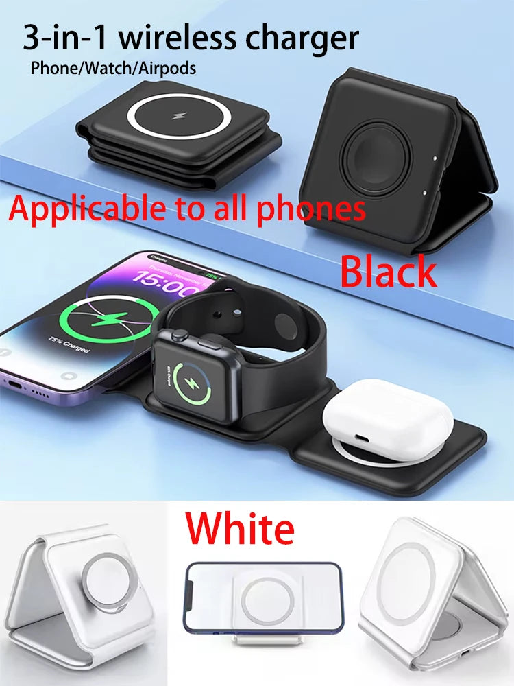 MagFold 3-in-1 Magnetic Wireless Charger – Qi2 30W Foldable Dock for iPhone, Watch & AirPods