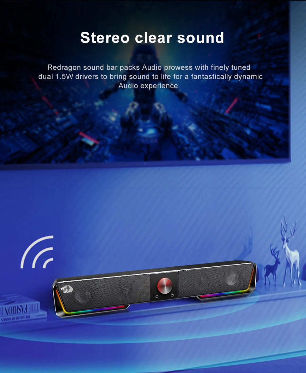 Redragon GS570 Darknets RGB Bluetooth Sound Bar – 2.0 Stereo PC Speakers with 3.5mm AUX, USB Powered, Dynamic RGB Lighting, Compact Desktop Soundbar for Gaming, Movies & Music