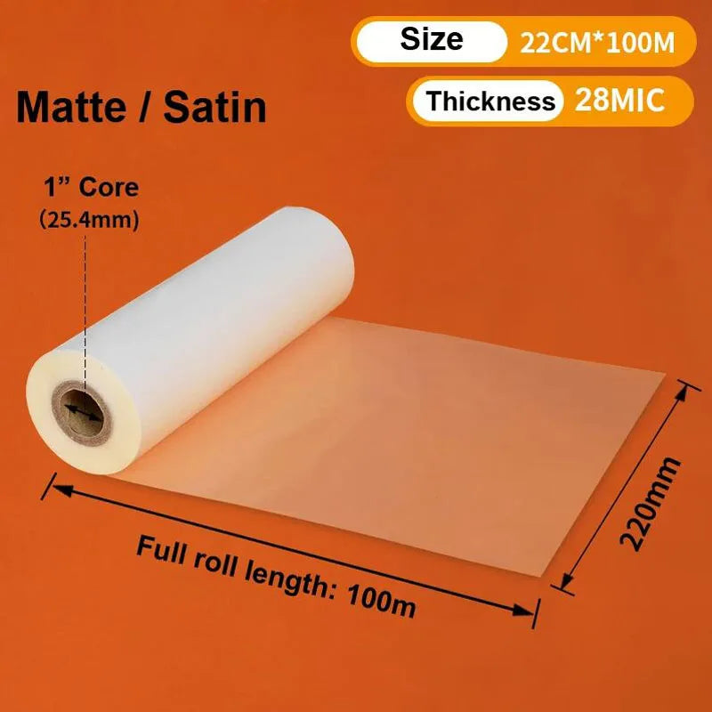 220mm x 100M Satin Matte / Gloss Hot Laminating Film Roll (25–28 Mic) – BOPP Professional Lamination Film, 1” Core for Hot Roll Laminators