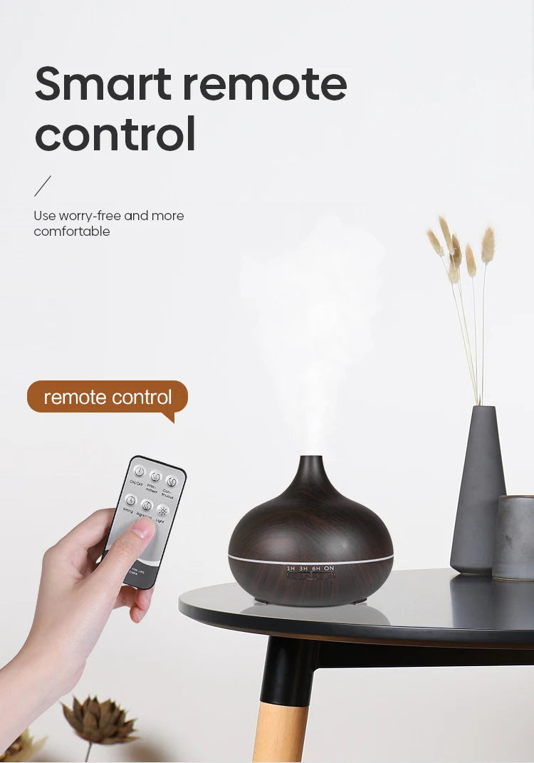 WoodMist 500ml Aromatherapy Essential Oil Diffuser – Remote Control, 7-Colour LED & Ultrasonic Humidifier