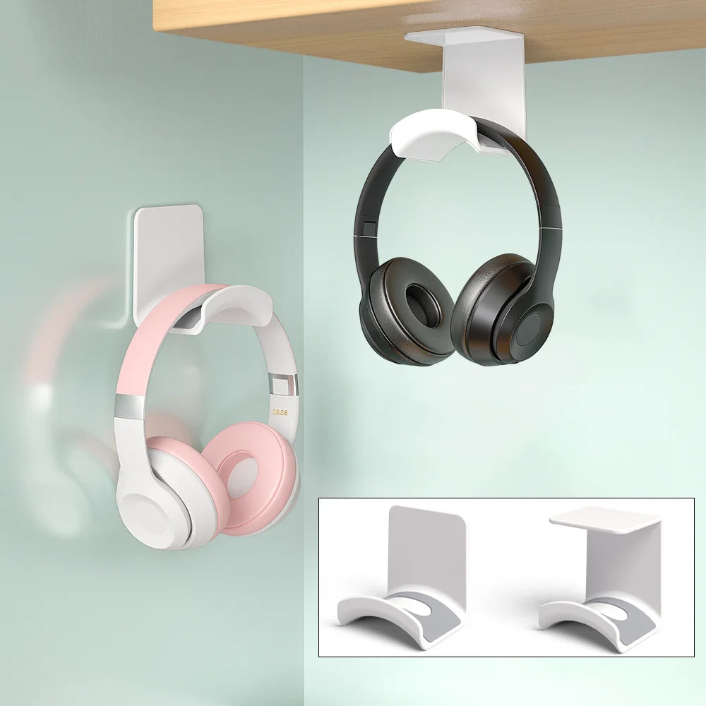 Universal No-Drill Headphone Stand – Under-Desk & Wall-Mount Headset Hanger, Adhesive Plastic Holder for Gaming Headphones, Earbuds & Audio Gear