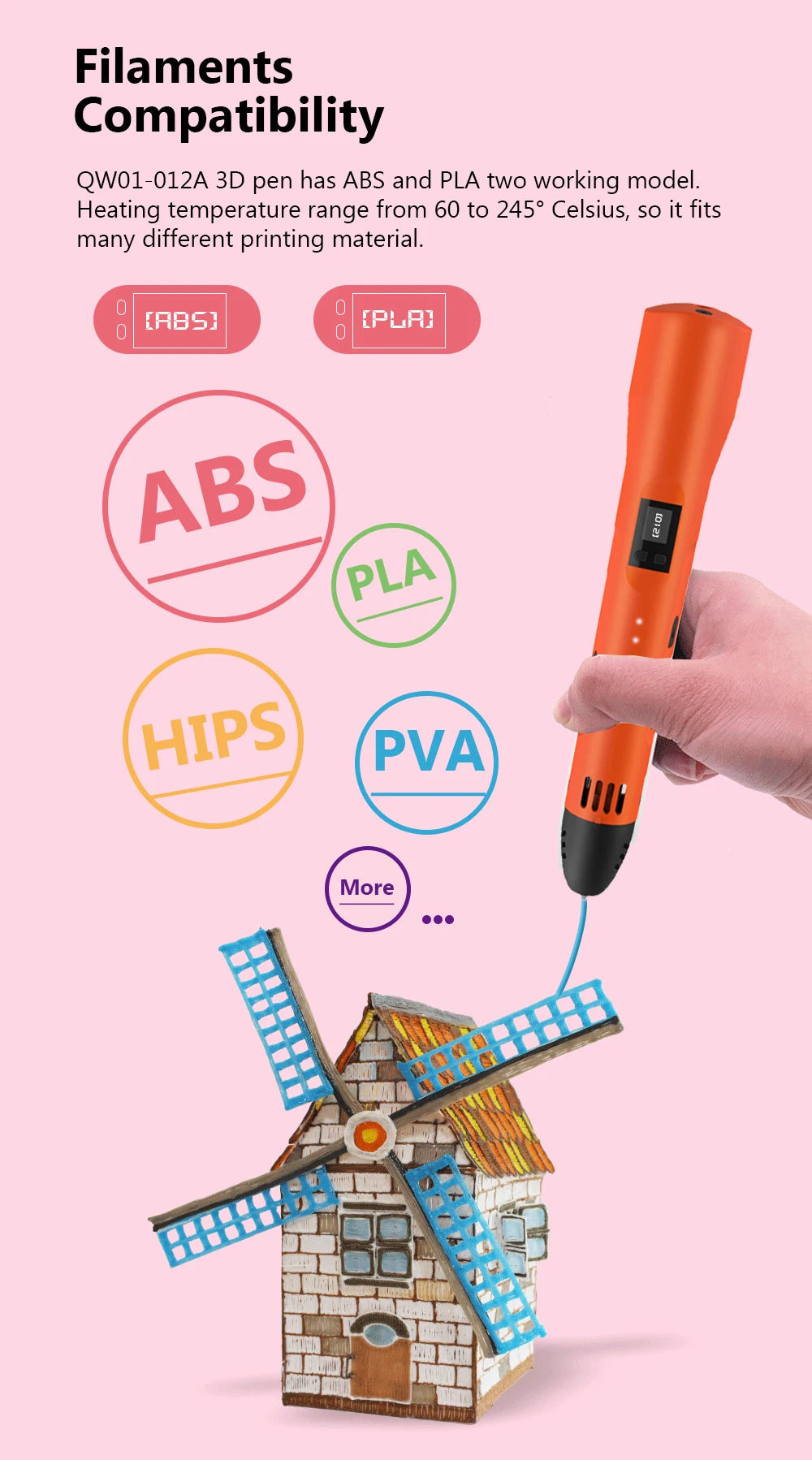 QCREATE 3D Printing Pen – LCD Display, 8 Speeds, PLA & ABS, 60-245°C