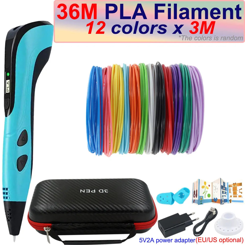 Kids 3D Pen with LCD Screen – 200M PLA Filament, Power Adapter & Travel Case