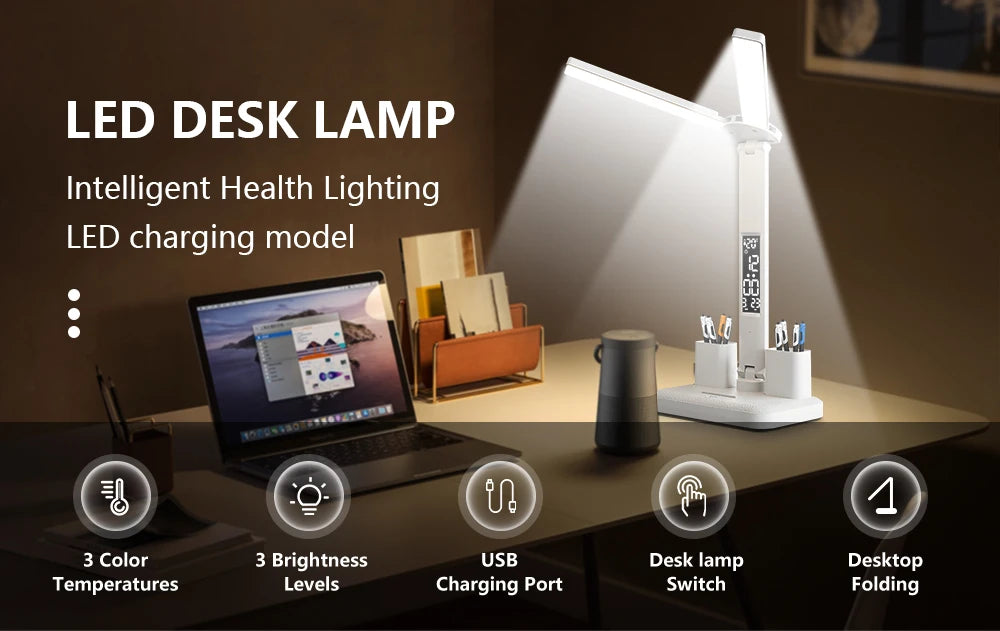 Double Headed Eye Protection Table Lamp LED Rechargeable Dimmable Desk Light Smart Display For Study Reading Bedside Night Light