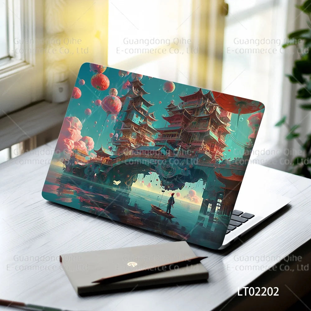 2pcs Creative Botanical Laptop Stickers Hand-Drawn Floral Line Art in Bright Colors, Waterproof Vinyl Decal for Notebook Covers