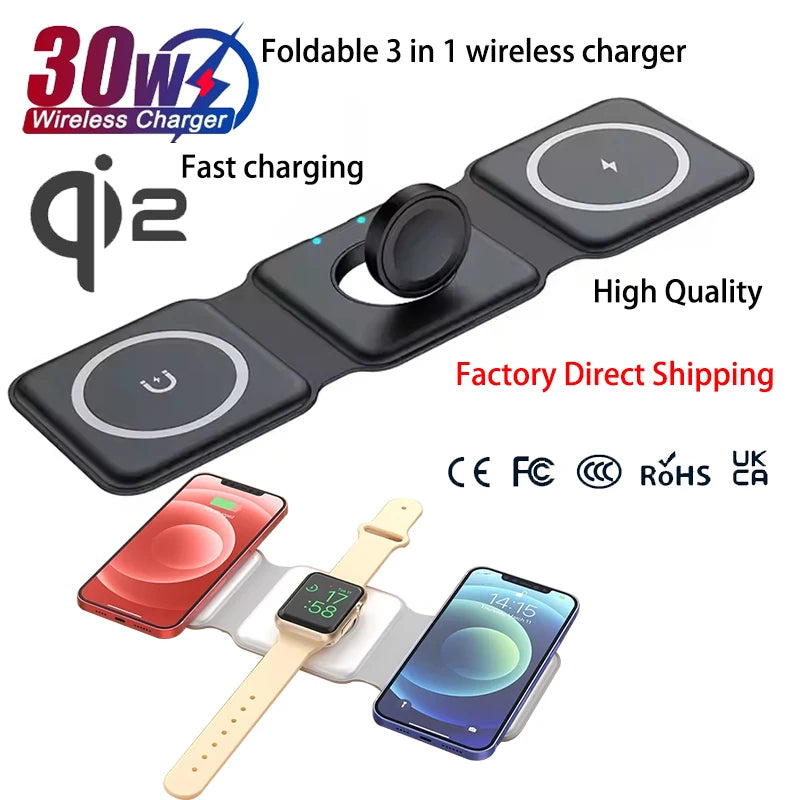 MagFold 3-in-1 Magnetic Wireless Charger – Qi2 30W Foldable Dock for iPhone, Watch & AirPods