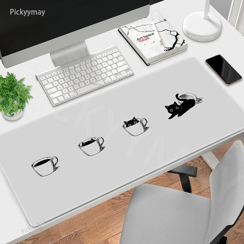 Midnight Cat XXL Gaming Desk Mat – Cute Black Cat Grey Mouse Pad for Office & Setup