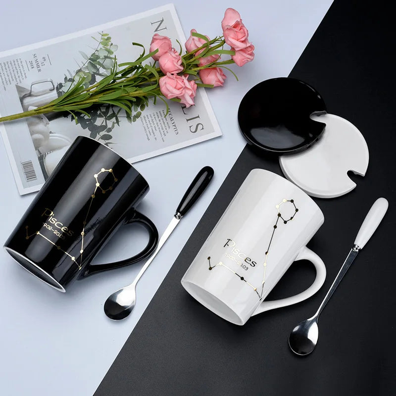 Black & Gold Zodiac Mug Set with Lid & Spoon – 12 Astrology Signs Luxury Coffee Cup Gift