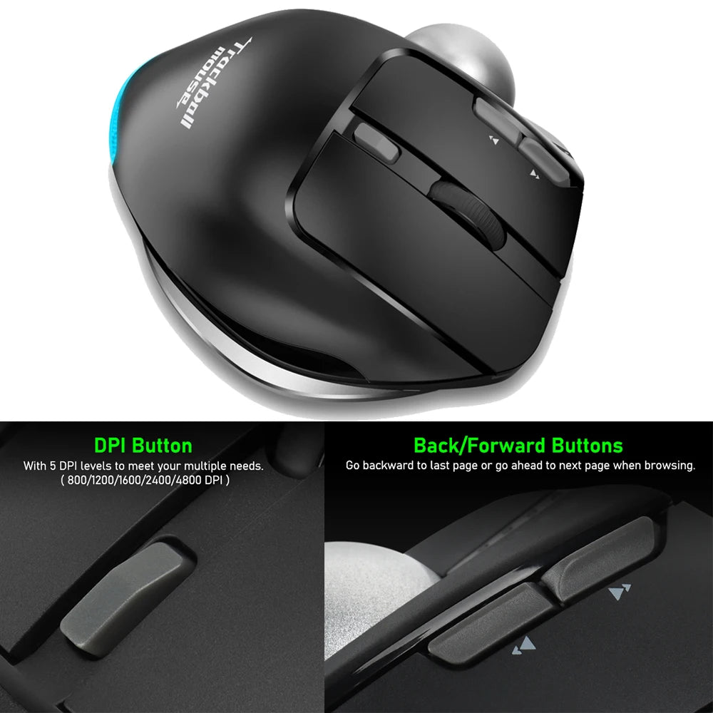 Lefon Trackball Mouse – Bluetooth Ergonomic 2.4G Wireless Rechargeable for PC & Office