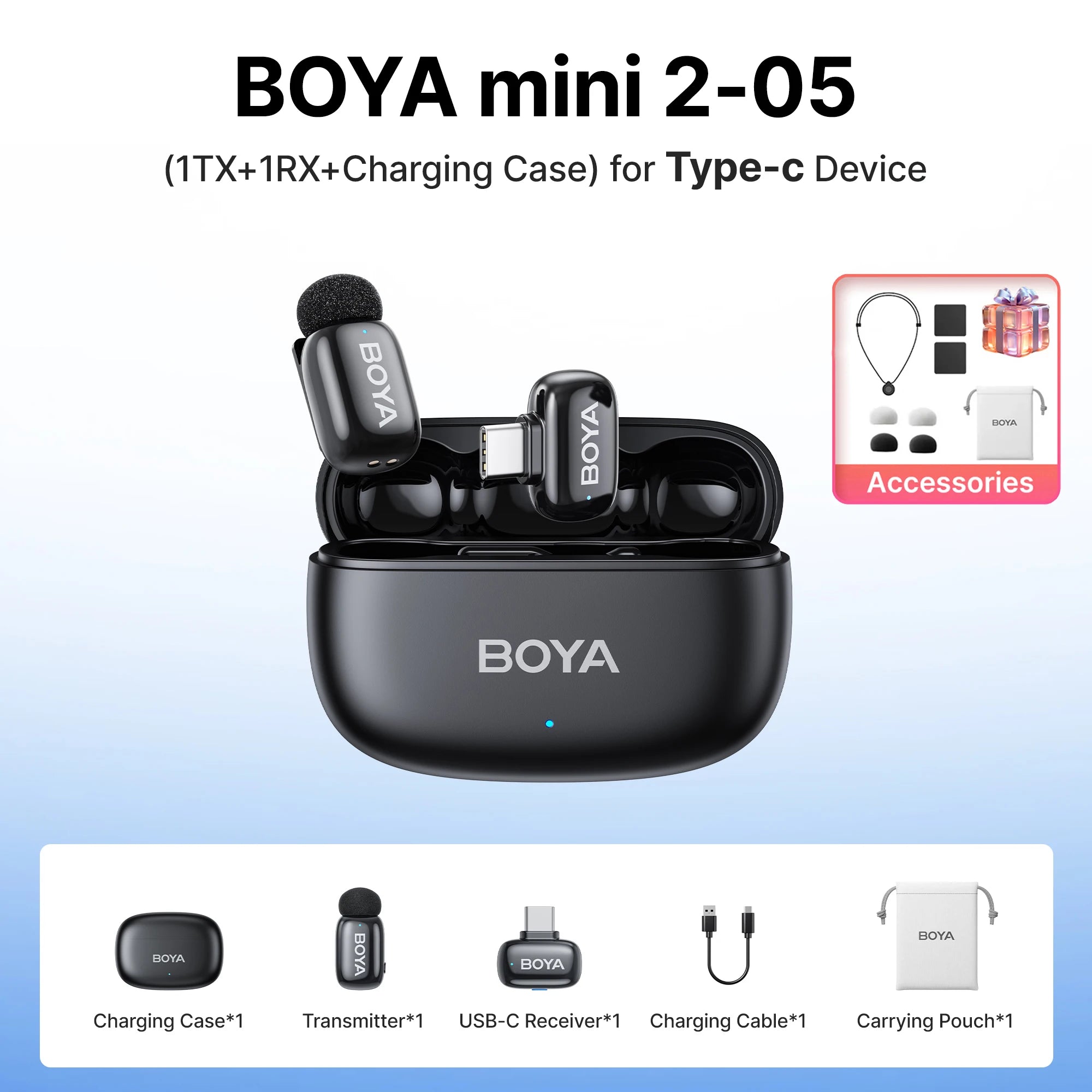 BOYA Mini 2 Wireless Lavalier Microphone – AI Noise Reduction for iPhone & Android