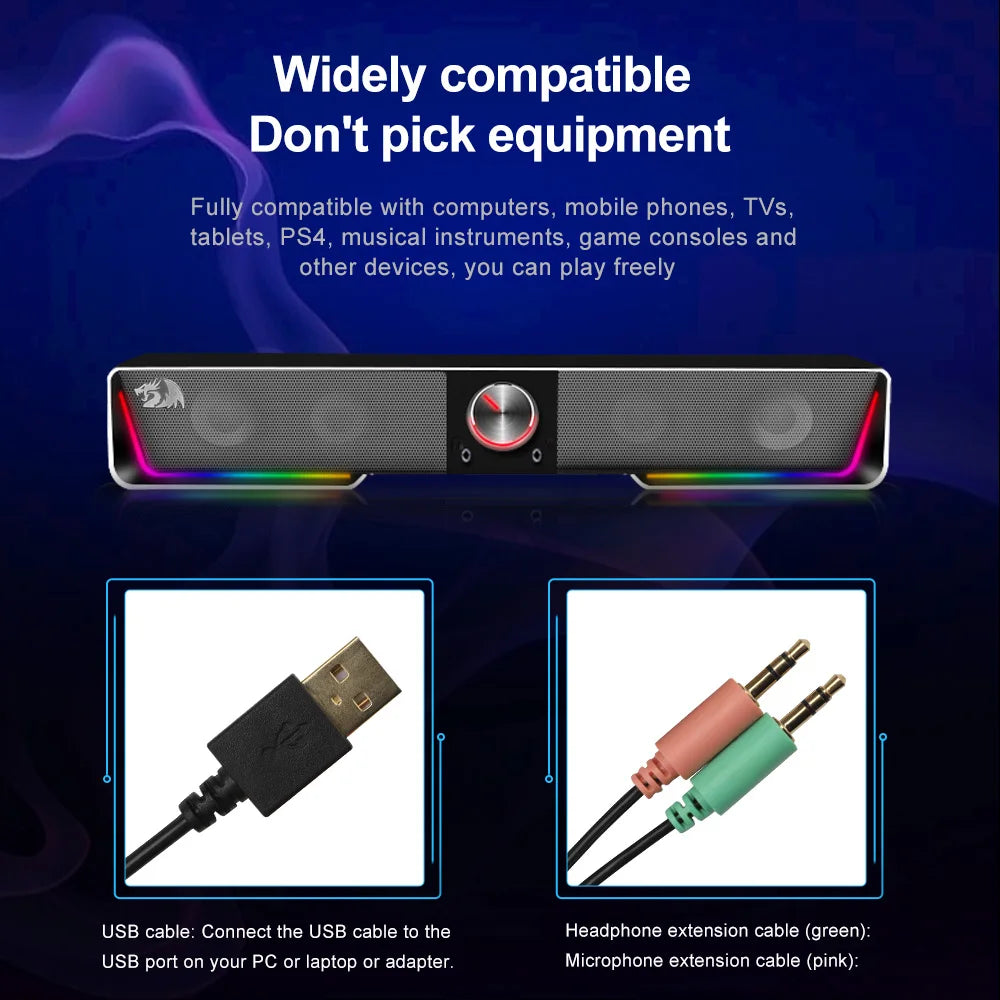 Redragon GS570 Darknets RGB Bluetooth Sound Bar – 2.0 Stereo PC Speakers with 3.5mm AUX, USB Powered, Dynamic RGB Lighting, Compact Desktop Soundbar for Gaming, Movies & Music