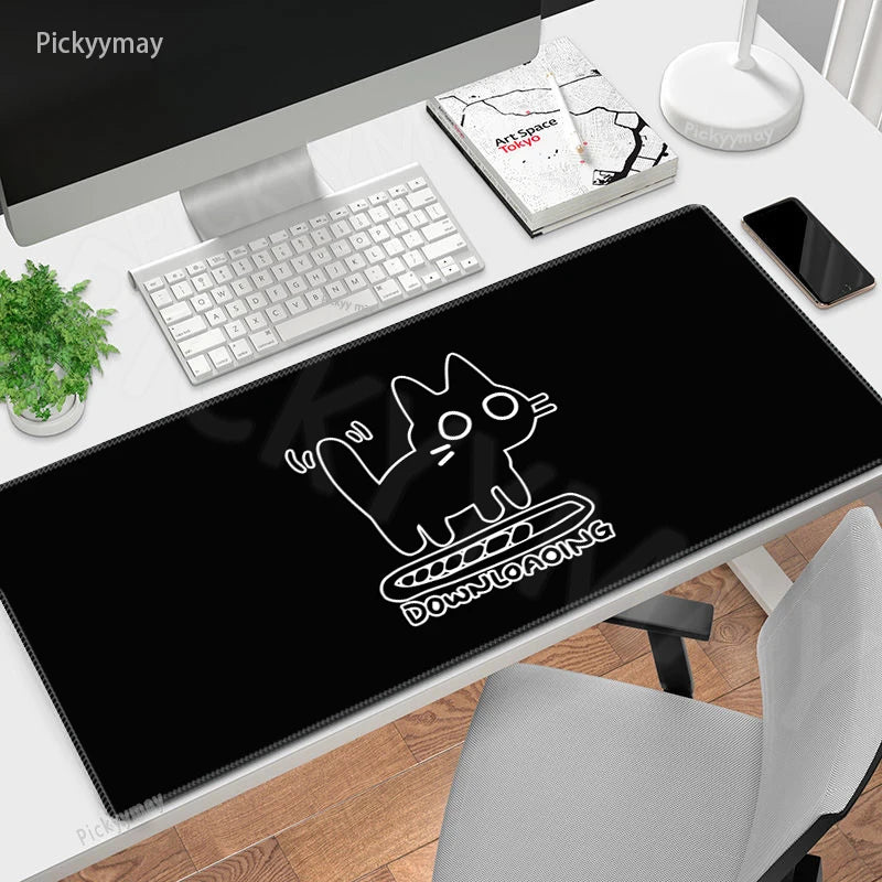 Midnight Cat XXL Gaming Desk Mat – Cute Black Cat Grey Mouse Pad for Office & Setup