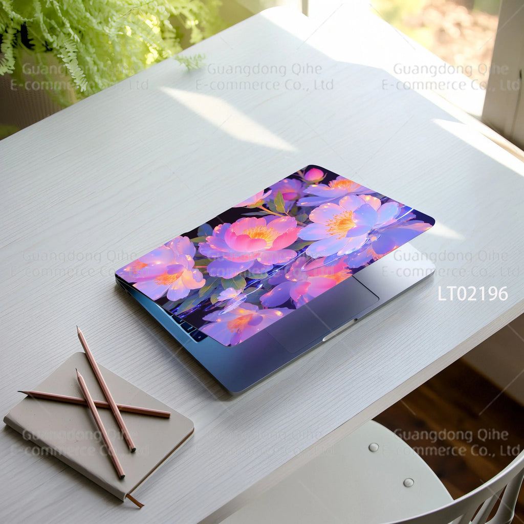 2pcs Creative Botanical Laptop Stickers Hand-Drawn Floral Line Art in Bright Colors, Waterproof Vinyl Decal for Notebook Covers