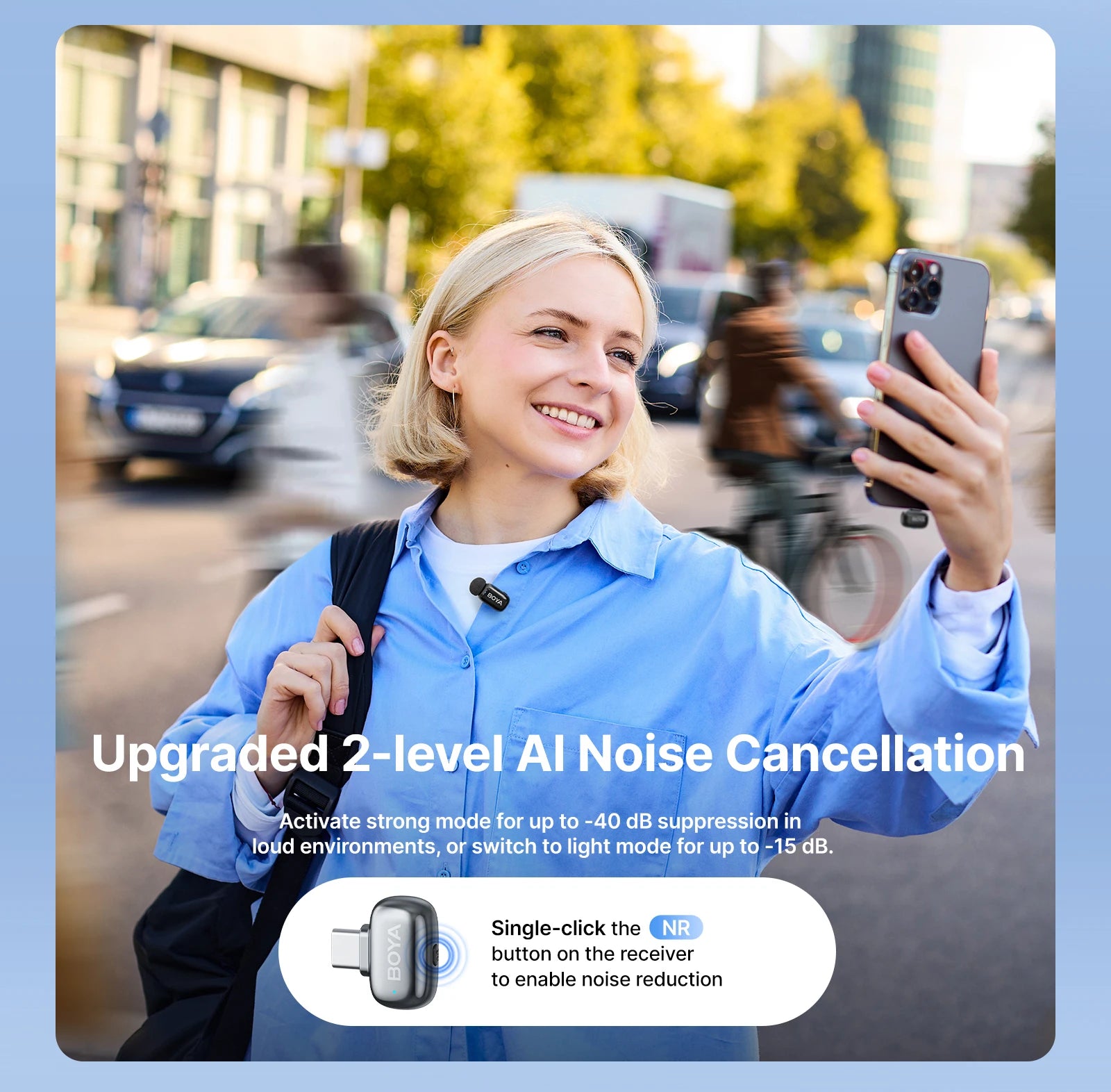 BOYA Mini 2 Wireless Lavalier Microphone – AI Noise Reduction for iPhone & Android