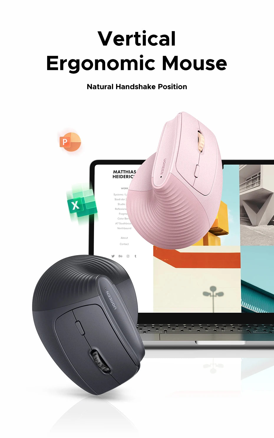 UGREEN Bluetooth 2.4G Vertical Wireless Mouse  Ergonomic 4000DPI 6 Mute Buttons for MacBook Tablet Laptops