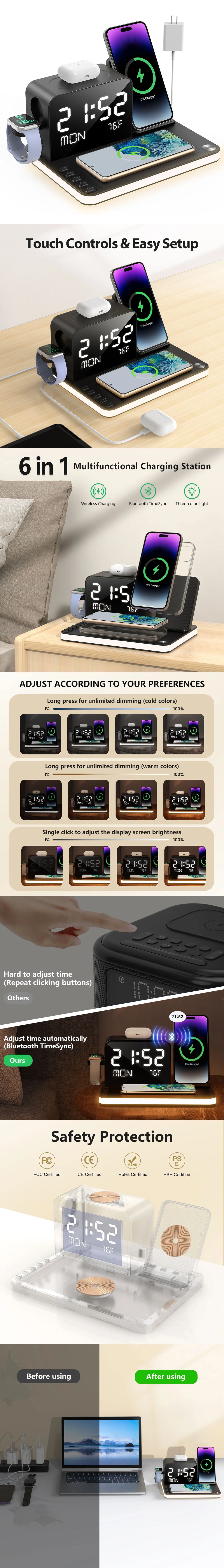 7-in-1 Wireless Charging Stand – Night Light, Clock & Temperature Display for iPhone, Headphones & Watches