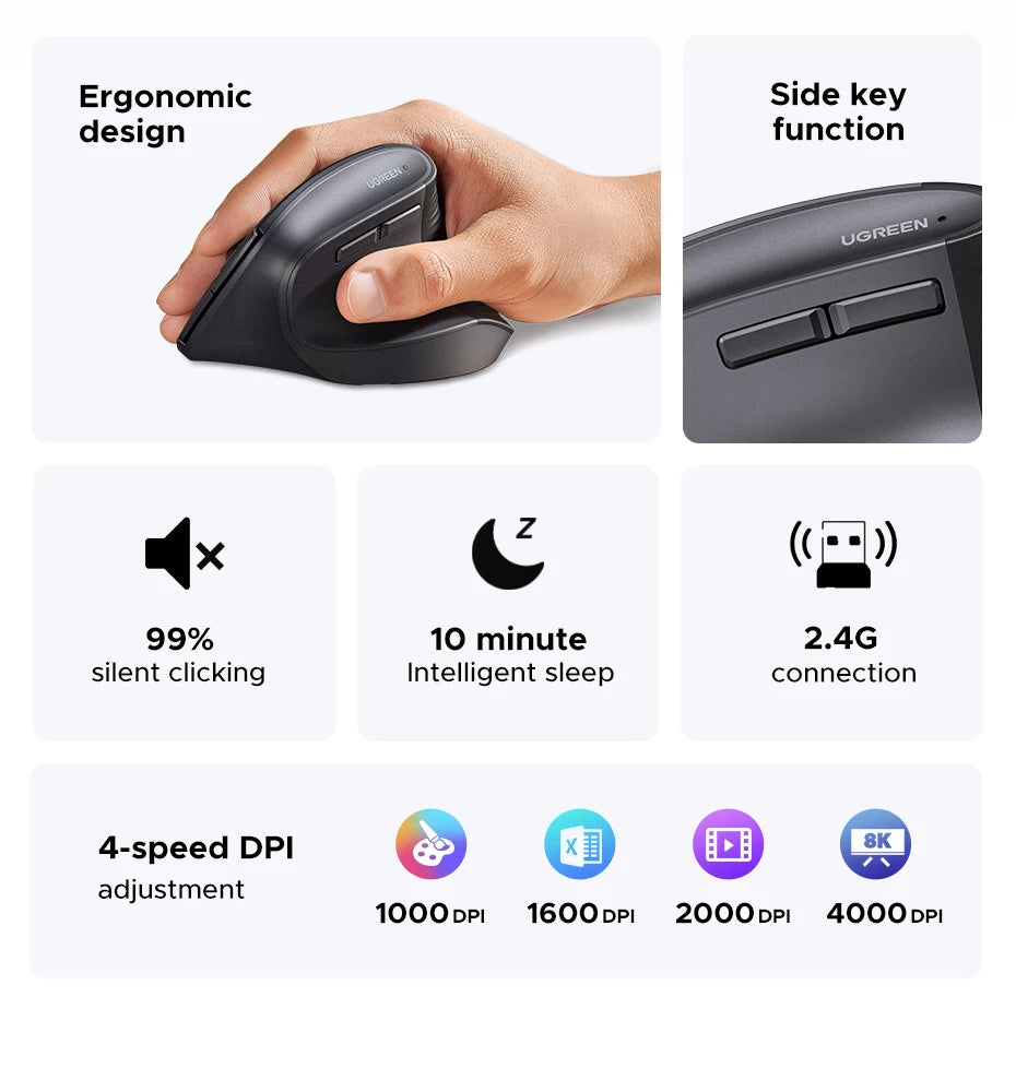 UGREEN Bluetooth 2.4G Vertical Wireless Mouse  Ergonomic 4000DPI 6 Mute Buttons for MacBook Tablet Laptops
