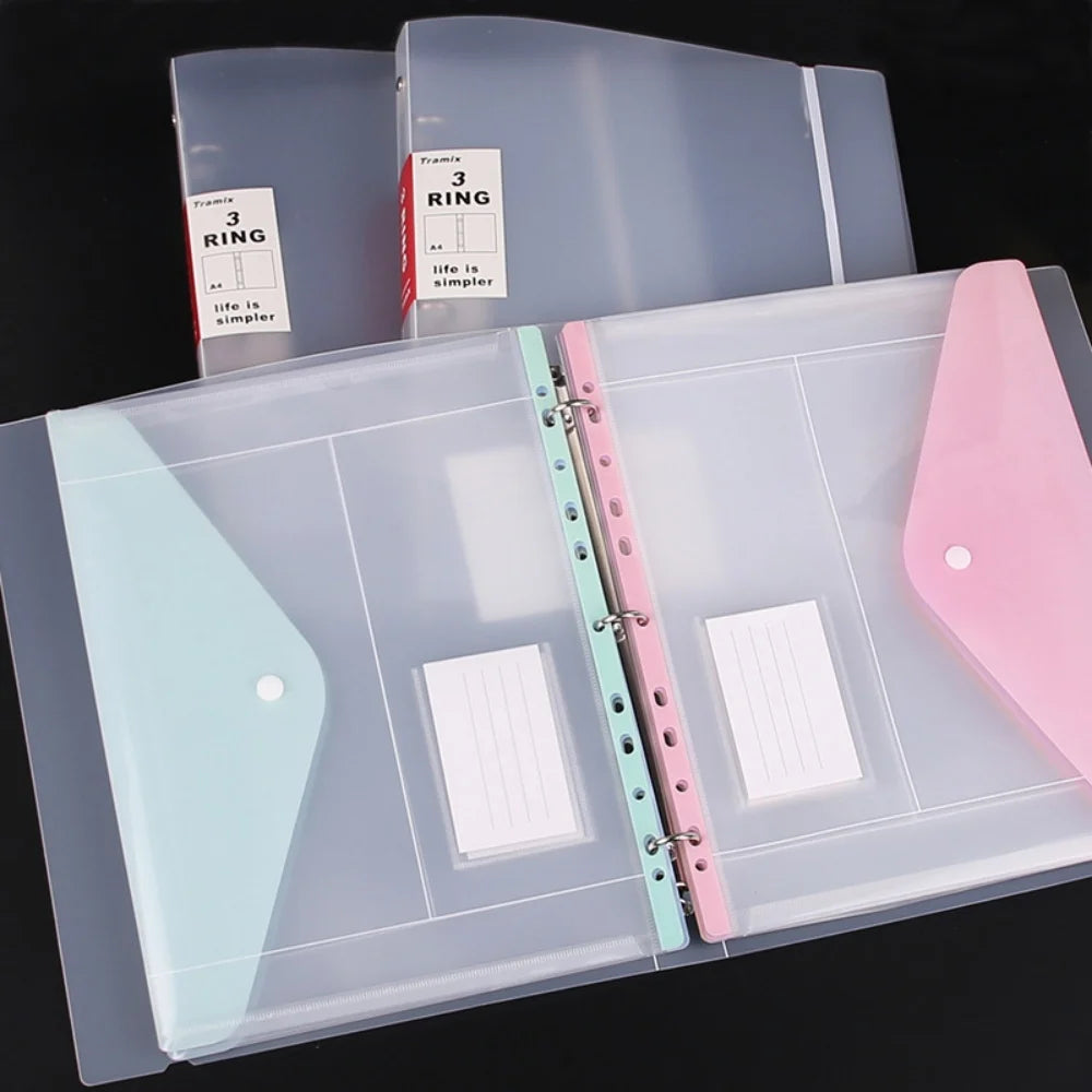 Plastic 11-hole Loose-leaf File Bag Transparent 3-hole Folder+6pcs Binder Pockets Document Pouch for Office and School Supply