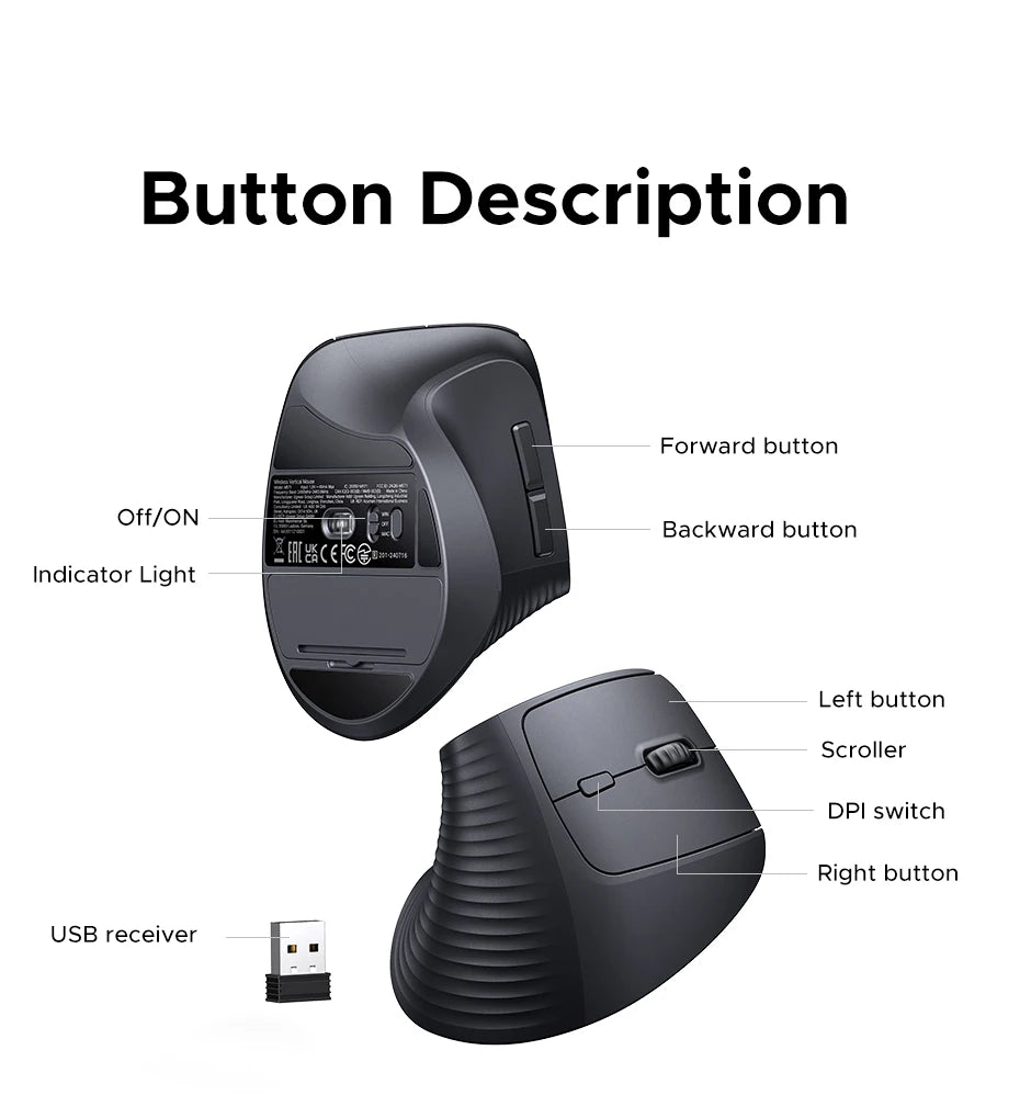 UGREEN Bluetooth 2.4G Vertical Wireless Mouse  Ergonomic 4000DPI 6 Mute Buttons for MacBook Tablet Laptops