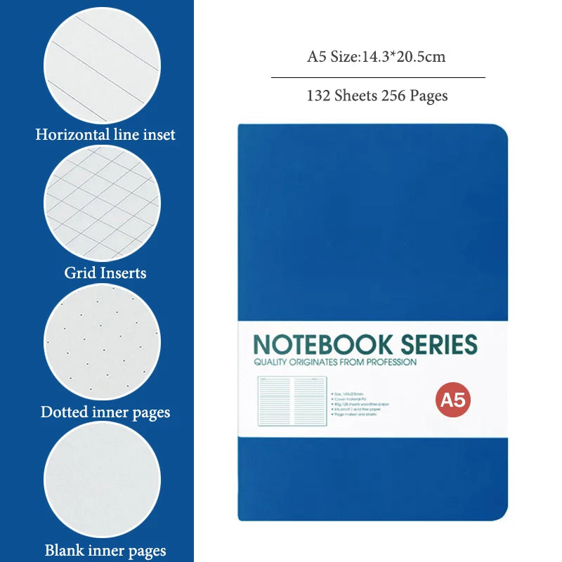 A5/B5 Thickened Notebook,4 Types Inner Pages,132 Sheets/Book,PU Waterproof Cover Diary Agenda Office Student Diary