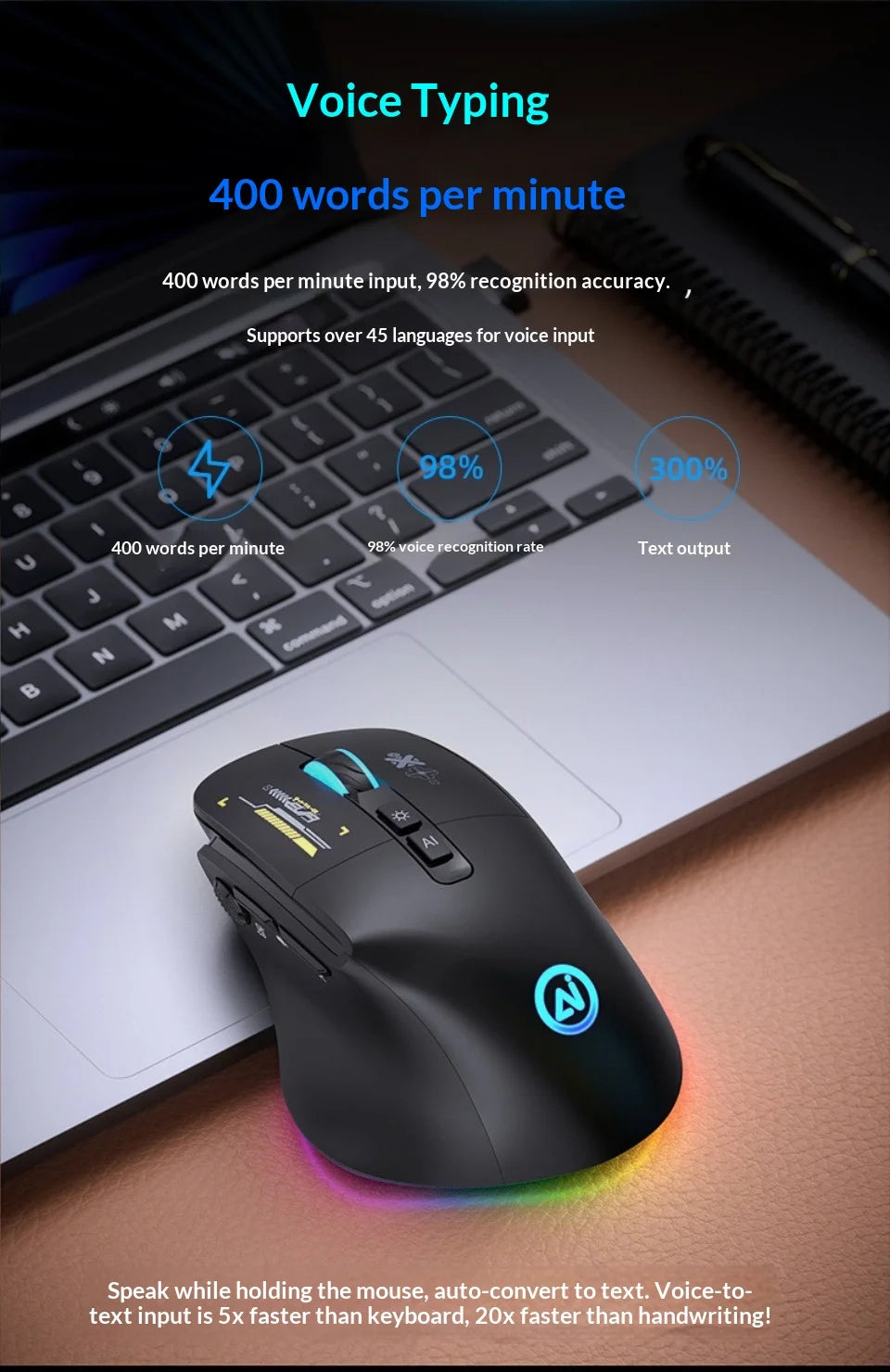 Inphic A9 Pro Three-Mode Gaming Mouse – RGB Light Pillar, 12800 DPI & Macro Driver
