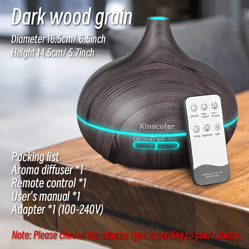 WoodMist 500ml Aromatherapy Essential Oil Diffuser – Remote Control, 7-Colour LED & Ultrasonic Humidifier