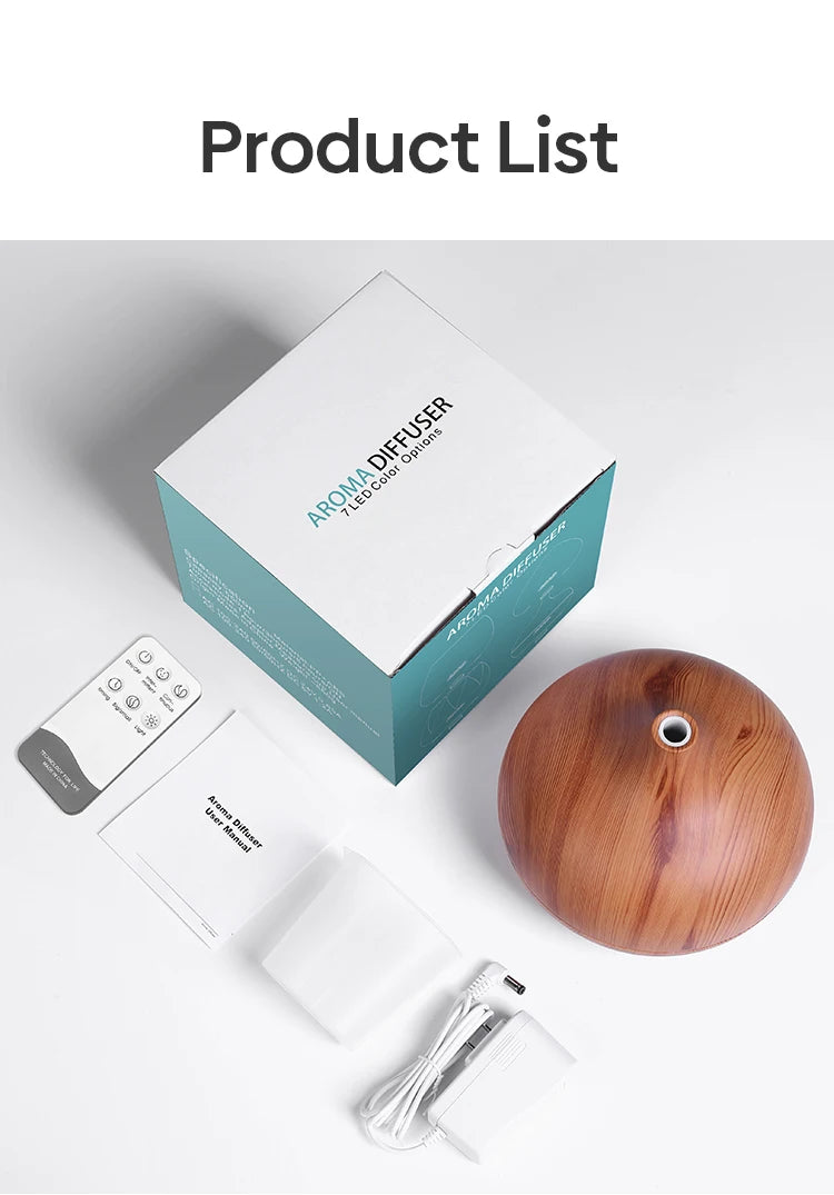 WoodMist 500ml Aromatherapy Essential Oil Diffuser – Remote Control, 7-Colour LED & Ultrasonic Humidifier
