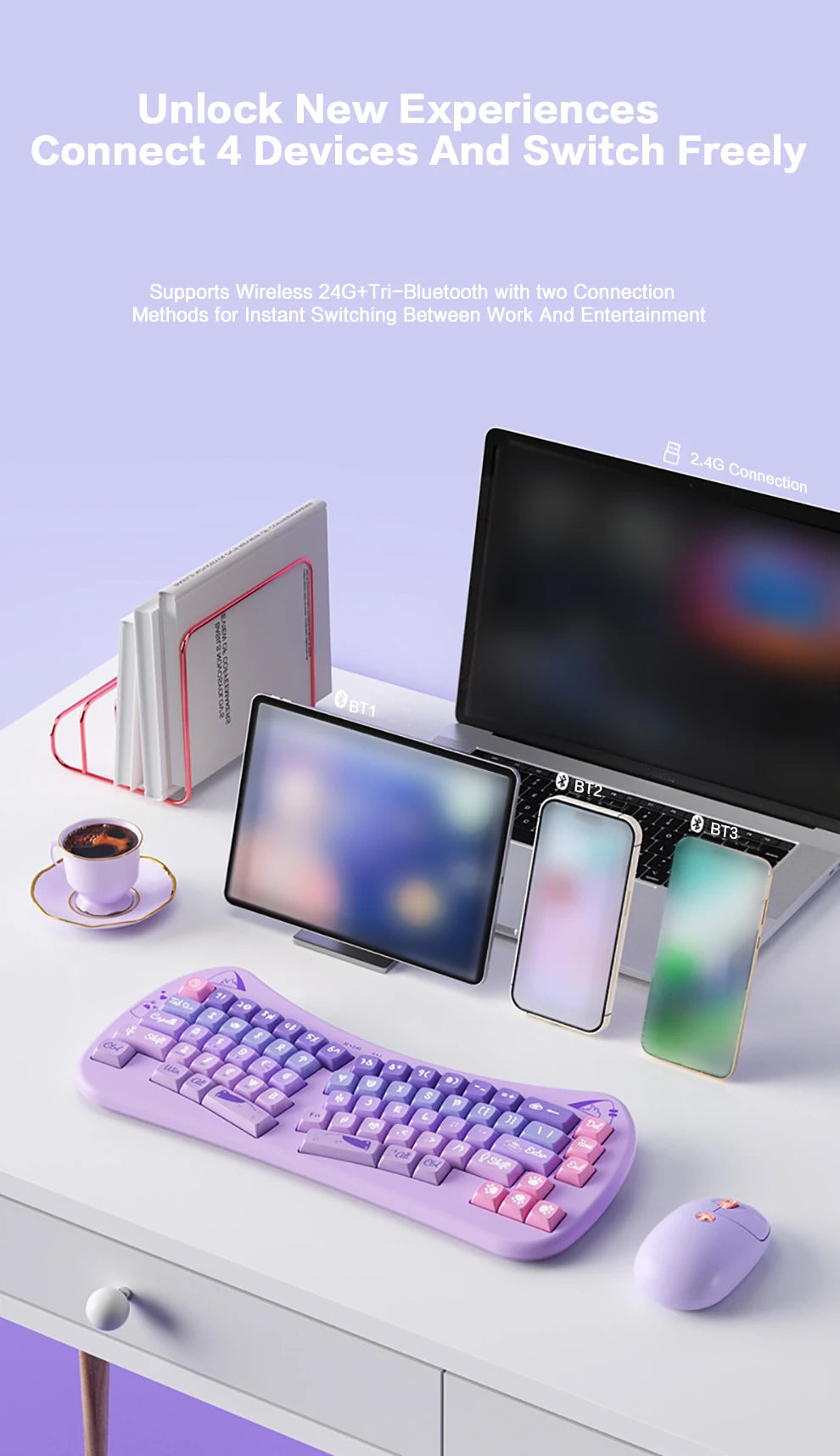 PurrBoard 68 – Ergonomic Split Wireless Keyboard | Bluetooth + 2.4G + Cat Keycaps