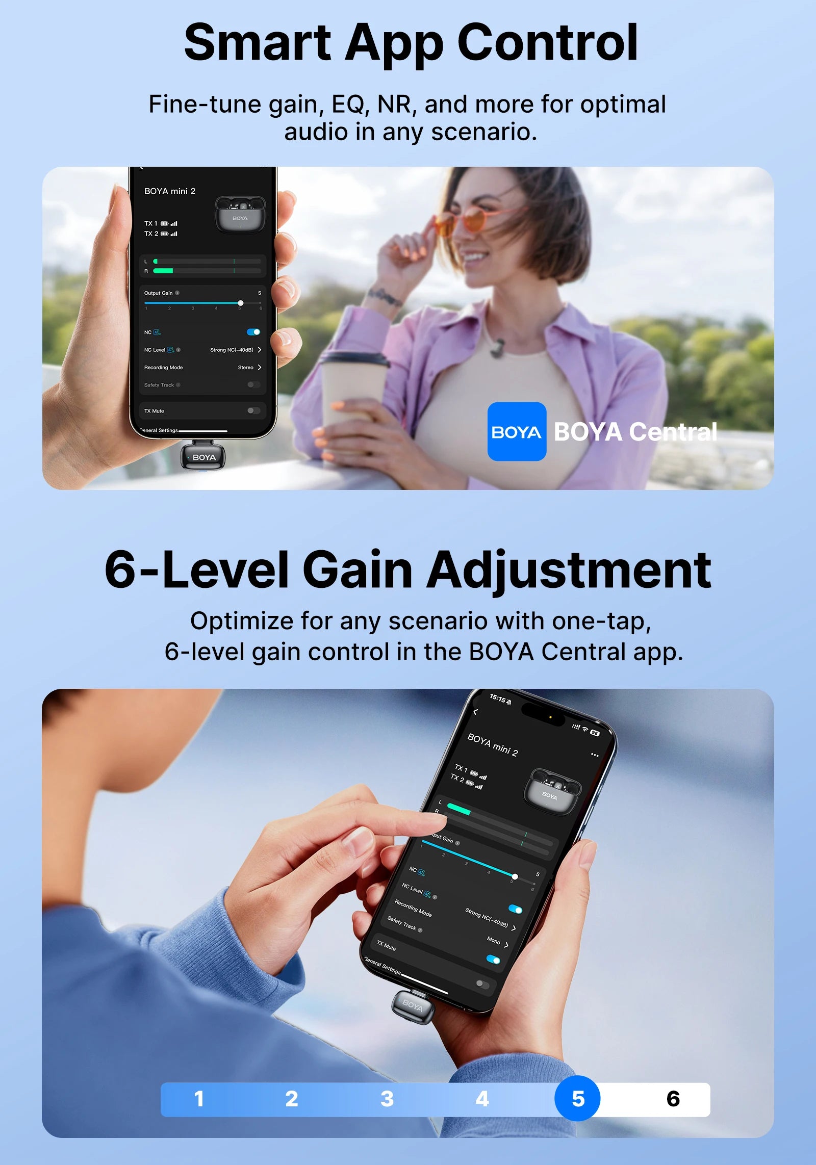 BOYA Mini 2 Wireless Lavalier Microphone – AI Noise Reduction for iPhone & Android