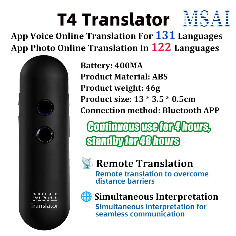 MSAI T4 Smart Voice Translator – 131 Languages, Photo Translation & Bluetooth