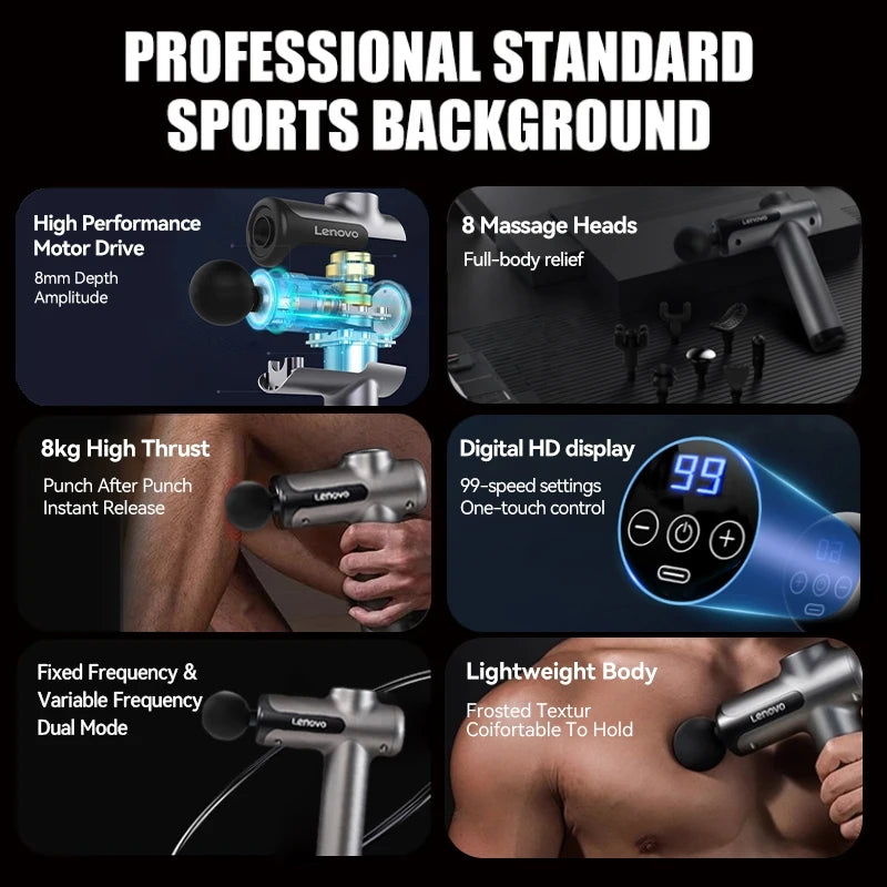 Lenovo Wireless Fascia Massage Gun – 8 Heads, Rechargeable for Neck, Back & Legs