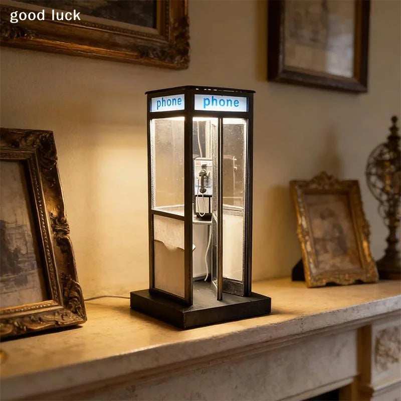 Retro Vintage Tall Phonebooth Lamp, Classic Telephone Booth Table Lamp With Warm LED Light, Phone Box Decorative Night Light